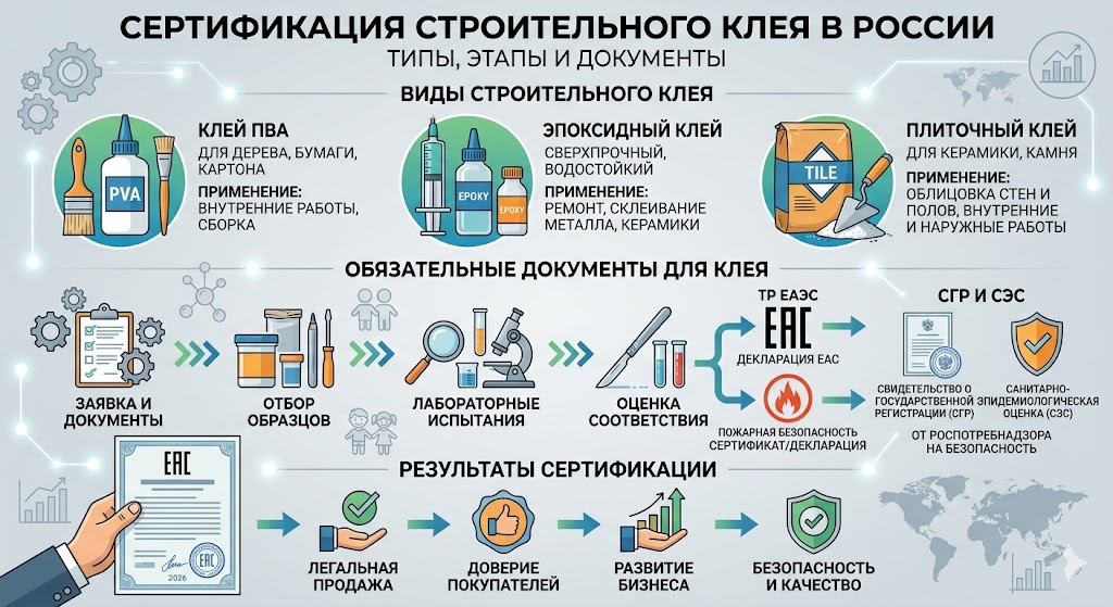 Сертификация клея строительного: ПВА, Эпоксидный, Плиточный. СГР СЭС