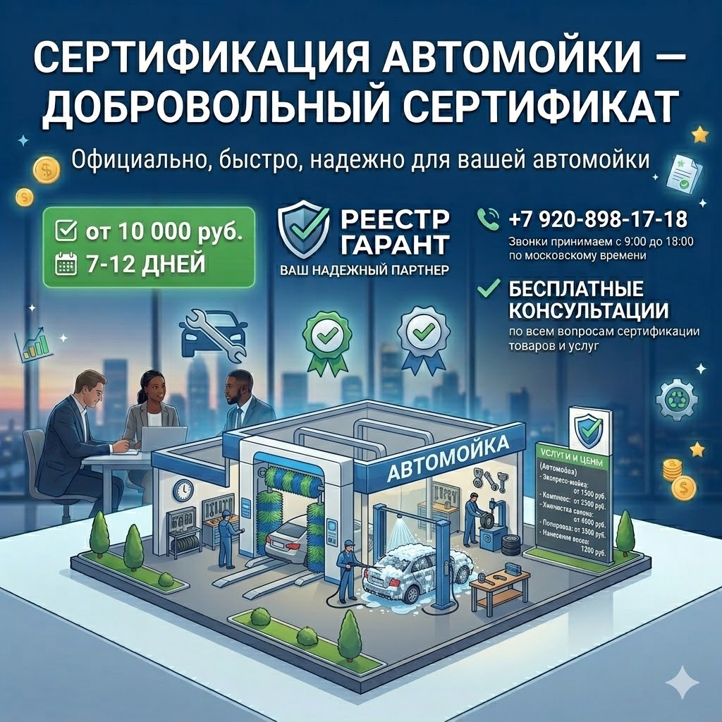 Сертификация автомойки от 10 000 руб., срок 7-12 дней | Реестр Гарант