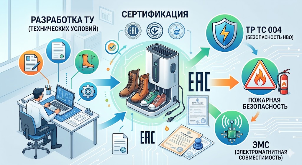 Разработка ТУ и Сертификация сушилок для обуви: ТР ТС 004, Пожары и ЭМС