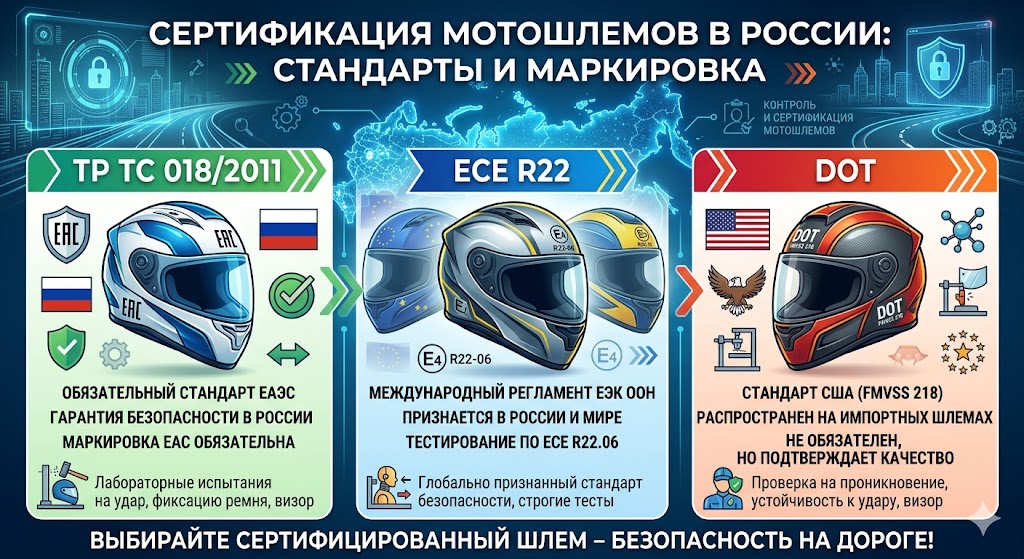 Сертификация Мотошлемов в России: ТР ТС 018, ECE R22, DOT — Полный Гид 2026