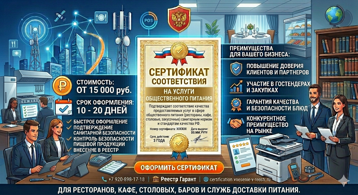 Сертификация общественного питания от 15 000 руб., срок 10-20 дней | Реестр Гарант