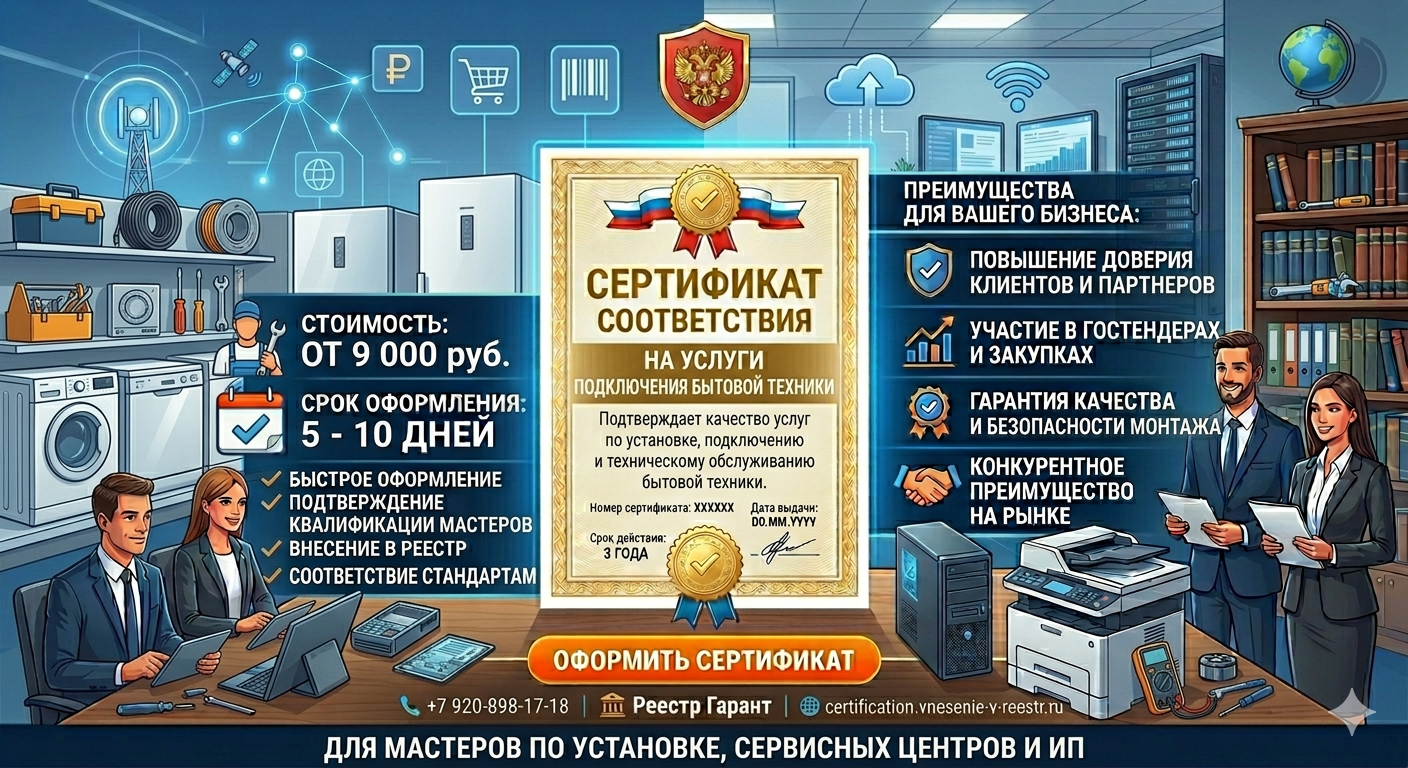 Сертификат на подключение бытовой техники от 9 000 руб. | Реестр Гарант