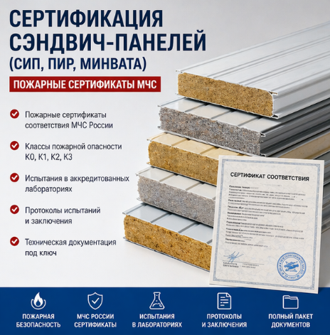 Сертификация сэндвич-панелей (СИП, ПИР, Минвата): Пожарные сертификаты МЧС