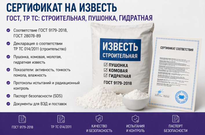 Сертификат на Известь (ГОСТ, ТР ТС): Строительная, Пушонка, Гидратная