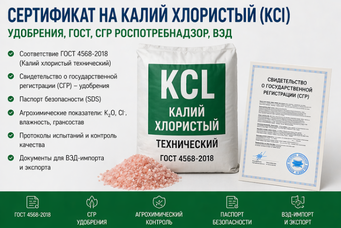 Сертификат на Калий Хлористый (KCl): Удобрения, ГОСТ, СГР Роспотреб, ВЭД