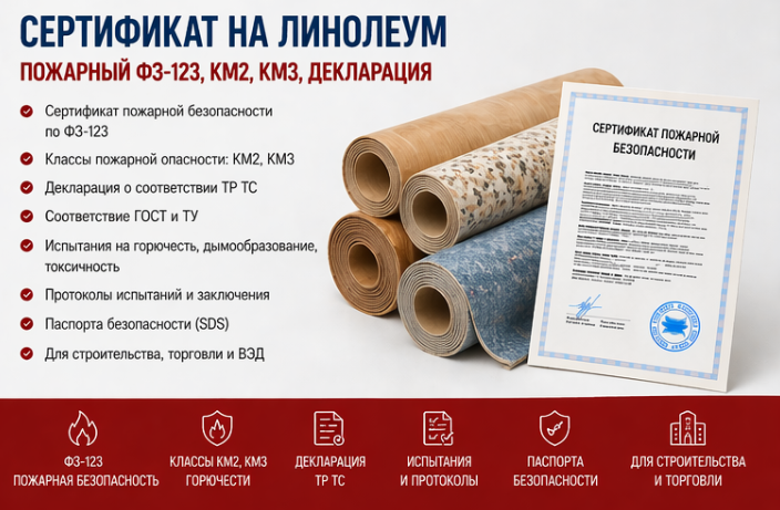 Сертификат на Линолеум: Пожарный ФЗ-123, КМ2, КМ3, Декларация