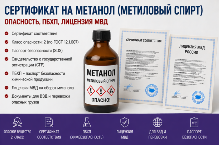 Сертификат на Метанол (Метиловый Спирт): ОПАСНОСТЬ, ПБХП, Лицензия МВД