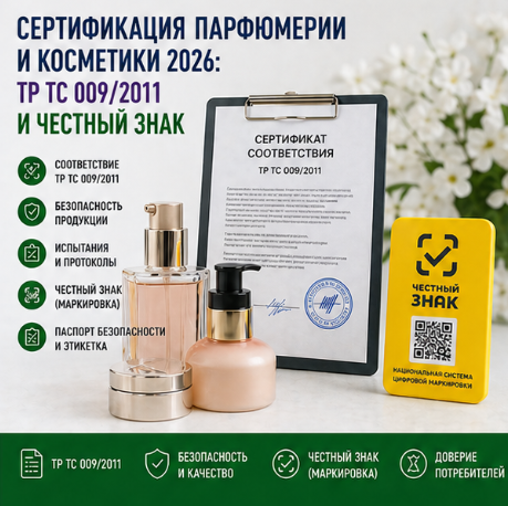 Сертификация парфюмерии и косметики 2026: ТР ТС 009/2011 и Честный Знак