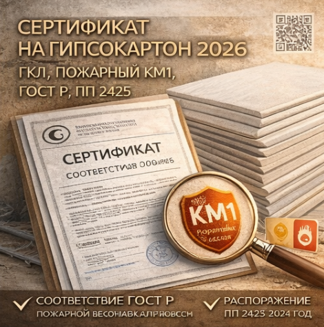 Сертификат на Гипсокартон 2026: ГКЛ, Пожарный КМ1, ГОСТ Р, ПП 2425