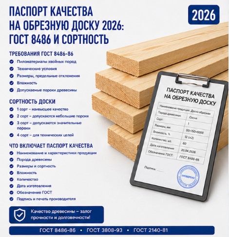 Паспорт качества на обрезную доску 2026: ГОСТ 8486 и сортность