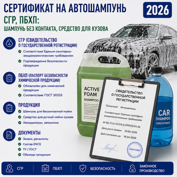 Сертификат на Автошампунь (СГР, ПБХП): Шампунь Без Контакта, Средство для Кузова